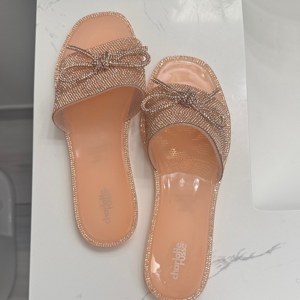 Charlotte Russe Women's Glittering Tan Slide Sandals